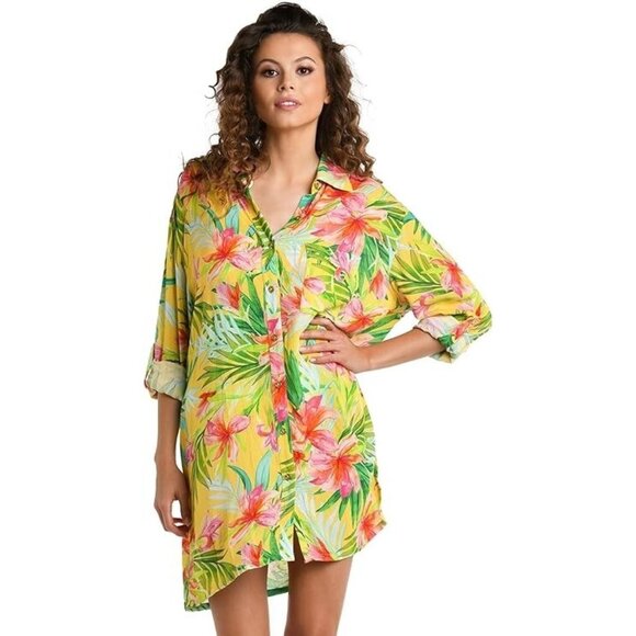 NEW La Blanca Calypso Button-Up Cover-Up Shirt Yellow Multi SIZE S/100%AUTHENTIC - Picture 1 of 4